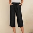 thumbnail image 2 of felwors Capris Pants for Women Cotton Linen Casual Summer 2025 Straight Wide Leg Loose Drawstring Elastic Waist Cropped Trouser Black, L, 2 of 8