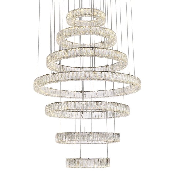 Elegant Lighting Monroe 40" Metal & Crystal LED Seven Ring Chandelier in Chrome