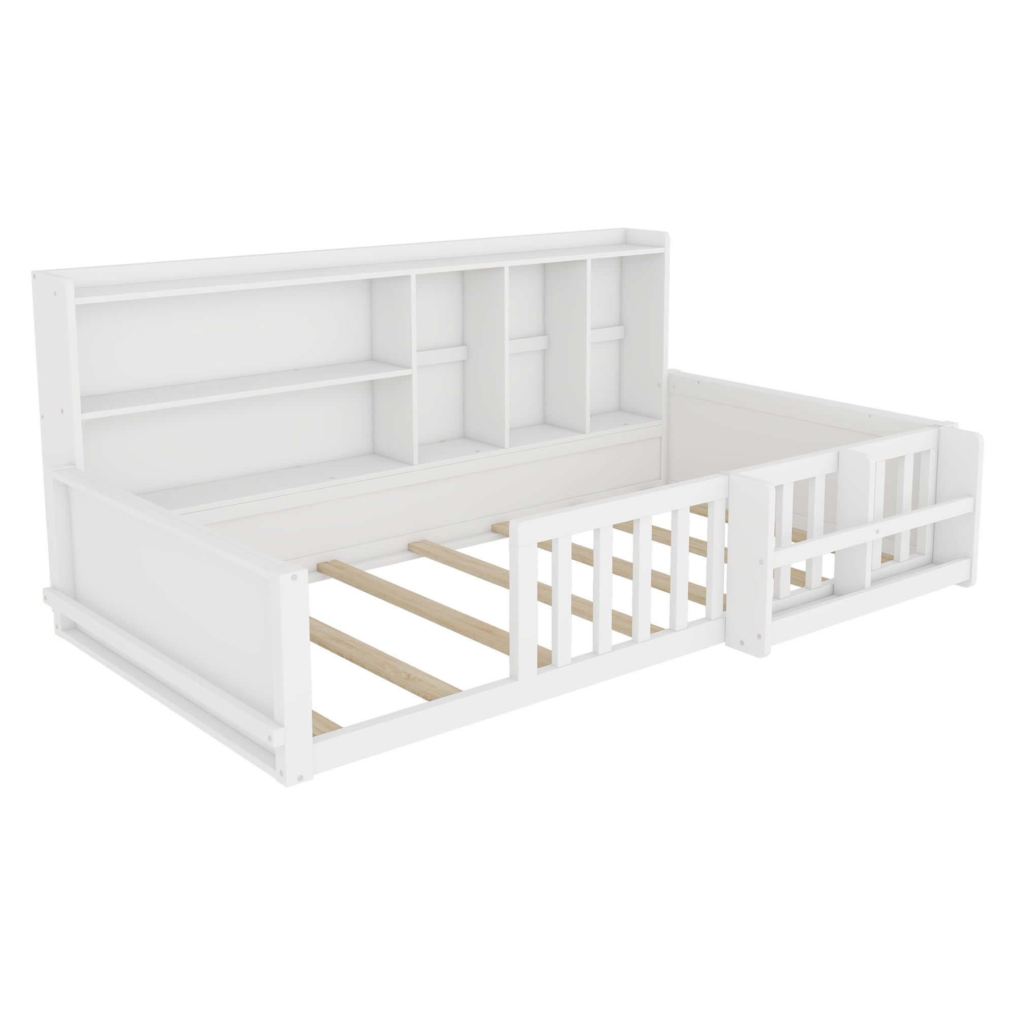 Mintazer Twin Size Montessori Floor Bed with Bookshelf & Guardrails, Kids Platform Bed Frame with Storage Cubbies for Bedroom, White