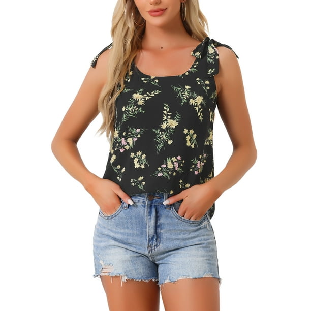 INSPIRAR CHIC Blusa Floral de Verano para Mujeres con Decoración de Lazo Casual Tops Sin Mangas XS Negros