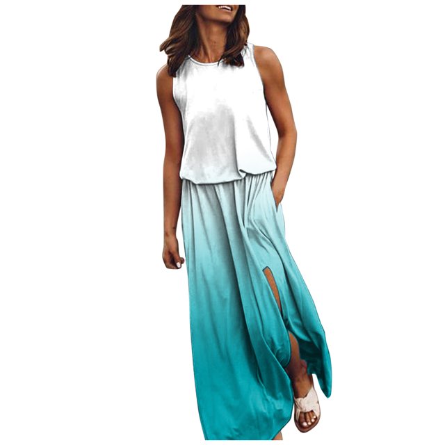 B91xZ Robes Babydoll pour Femmes Patchwork Col Rond Sans Manches Chandail Fluide Plissé Mini Robe, Bleu Clair G