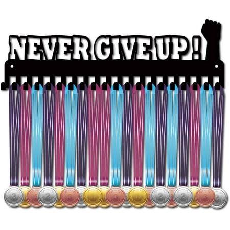 

Never Give Up Metal Medal Holder Sports Medals Display Hanger Rack Wall Mount Decor Frame with 20Pcs Hooks for Athlete Runners Race Running Gymnastics Soccer Black