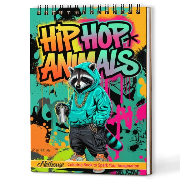 NETHOUSE Hip Hop Animals Coloring Book Spiral Bound for Adults, A5 Wooden Cover, 30 Hip Hop Inspired Coloring Pages of Underground Style for Stress Relief and Relaxation