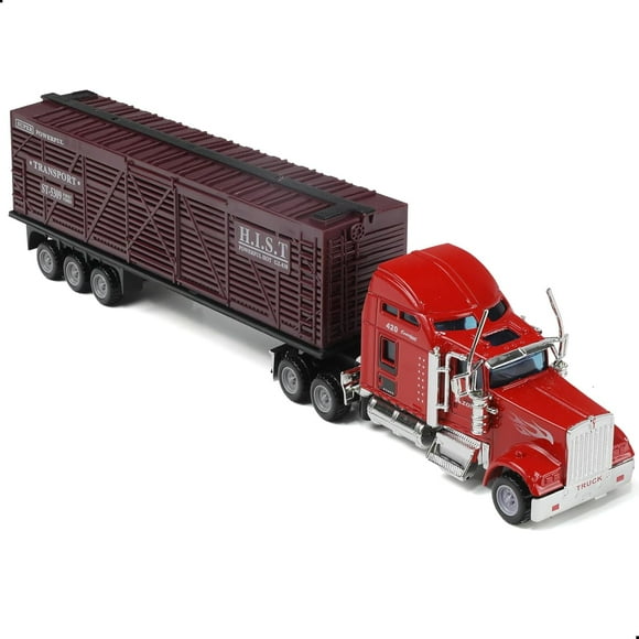 Nuotie Semi Truck Toy with Trailer, 1/64 Scale Kenworth W900 Diecast Model Trucks, Alloy Metal Semi Truck and Trailer Gifts for Boys Adult Model Car Collector (Red-Brown)