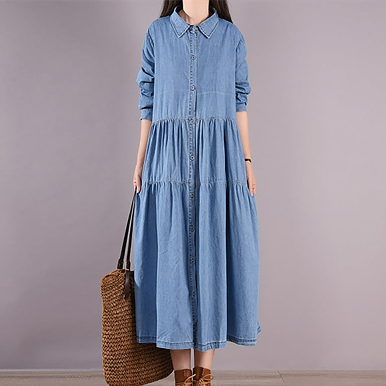 APEXFWDT Womens Spring Fall Long Sleeve Denim Dress Long