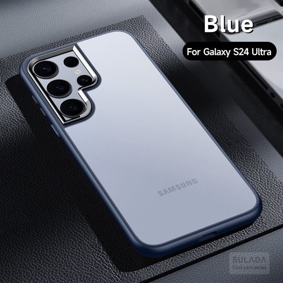 Compatible With Samsung Galaxy S24 Ultra Phone Case,Metal Button and Metal Photo Frame,Frosted Translucent Anti-Fingerprint Shockproof Ultra Slim Rugged Skin Feel Phone Case Cover,Darkblue