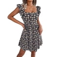 thumbnail image 3 of Women Floral Mini Dress Square Neck Ruffle Shoulder Back Tie A Line Sundress Black S, 3 of 7