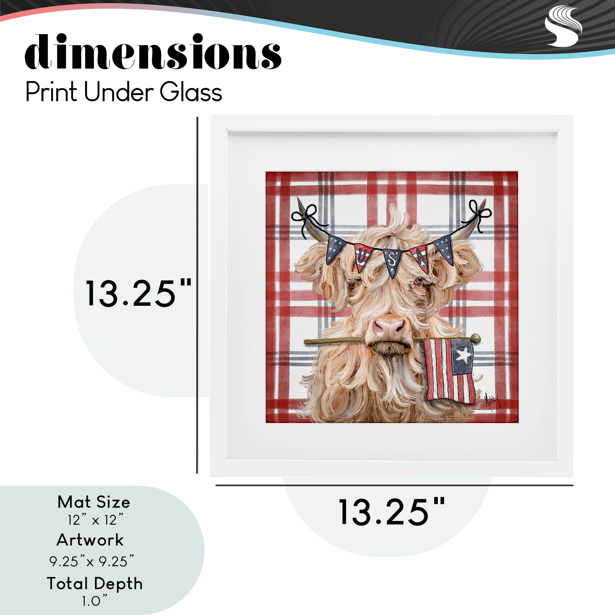 USA Plaid Highland Cattle White Framed Print Under Glass, design by Ashley Bradley
