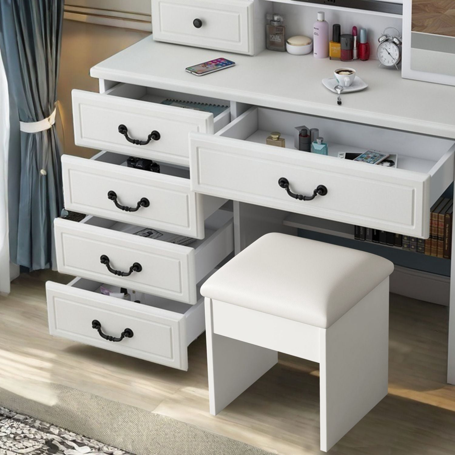 Asteroutdoor Vanity Desk with Mirror and Lights, 6 Drawers, White