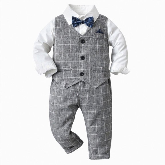 larppty Baby Boys Formal Wedding Ring Bearer Outfits Toddler Gentleman Bowtie Vest Guest Suits Dress Shirt Pants Set (Light Gray,3-6 Months)