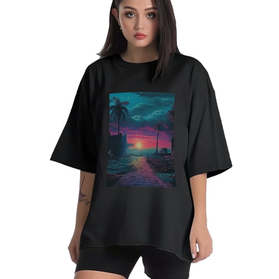 Plus Size Shirt for Women Black Tops for Women Short Sleeves Shirt for Women Vintage Landscape T Shirt Crewneck Shirt for Women XS