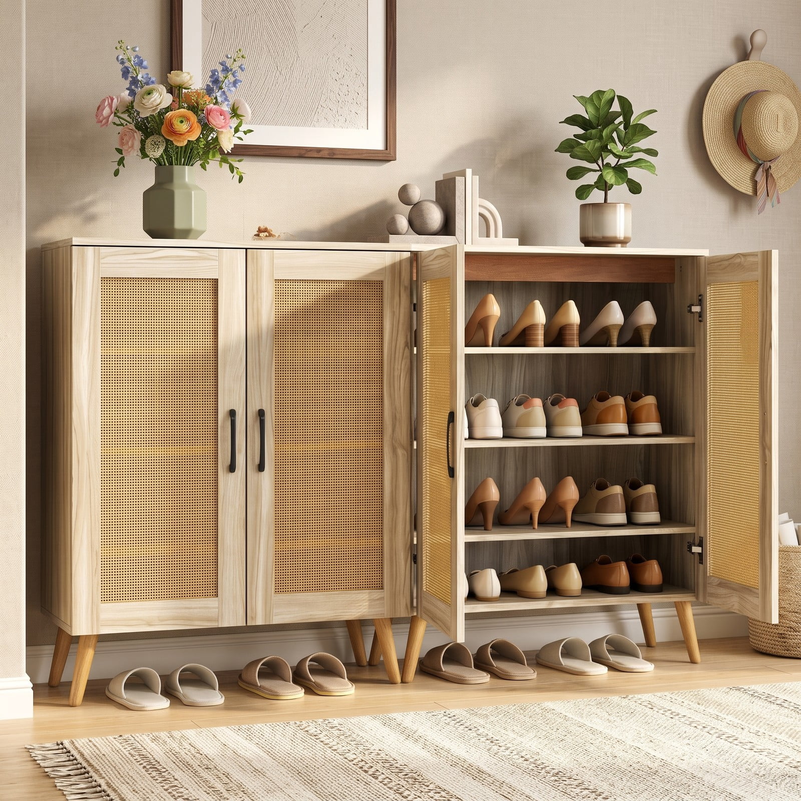 Furnibear 5-Tier Rattan Shoe Cabinet with 3 Removable Shelves and Woven Doors for Entryway and Hallway Shoe Storage, Natural