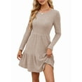 thumbnail image 3 of Womens Long Sleeve Fall Short Dress Casual Ribbed Knit Crewneck Flowy A Line Sweater Dresses with Pockets Khaki XXL, 3 of 8