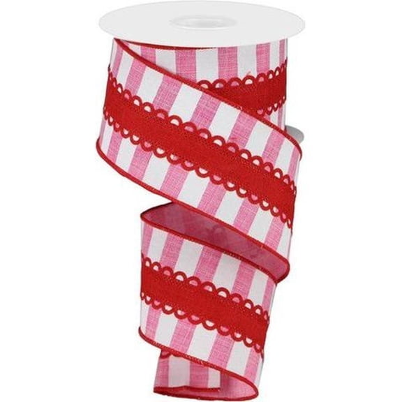 Craig Bachman 2.5" Lace On Horizontal Stripe Ribbon: Pink/White (10 Yards) Durable Fabric Wired Edge for Crafting, Floral Arrangements, Gift Wrapping, and Wreath Bow Making