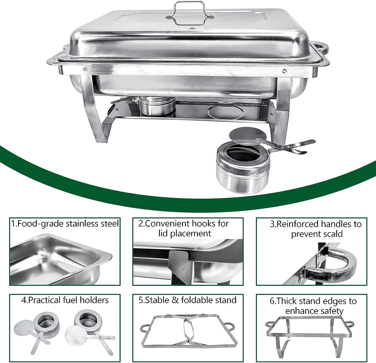 PRIJESSE 4 Pack Chafing Dish Buffet Set, 8QT Stainless Steel Rectangular Chafers and Buffet Warmer Sets for Catering, with Food & Water Pan, Lid, Foldable Frame, Fuel Holder