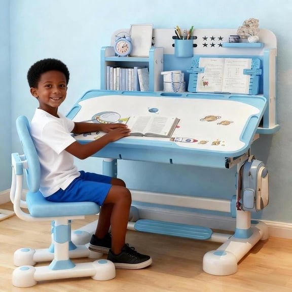 YNCE Small Desk, Kids Study Desk Chair Set, Height Adjustable Children School Study Table Chair Set with Sitting Corrector, Ergonomic Desk Chair with Book Stand, Foot Pedal, Partition Design