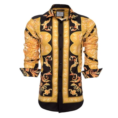 Suslo Couture Men's Fashion Designer Paisley Printed Casual Long Sleeve Button Down Shirts with Trimmings