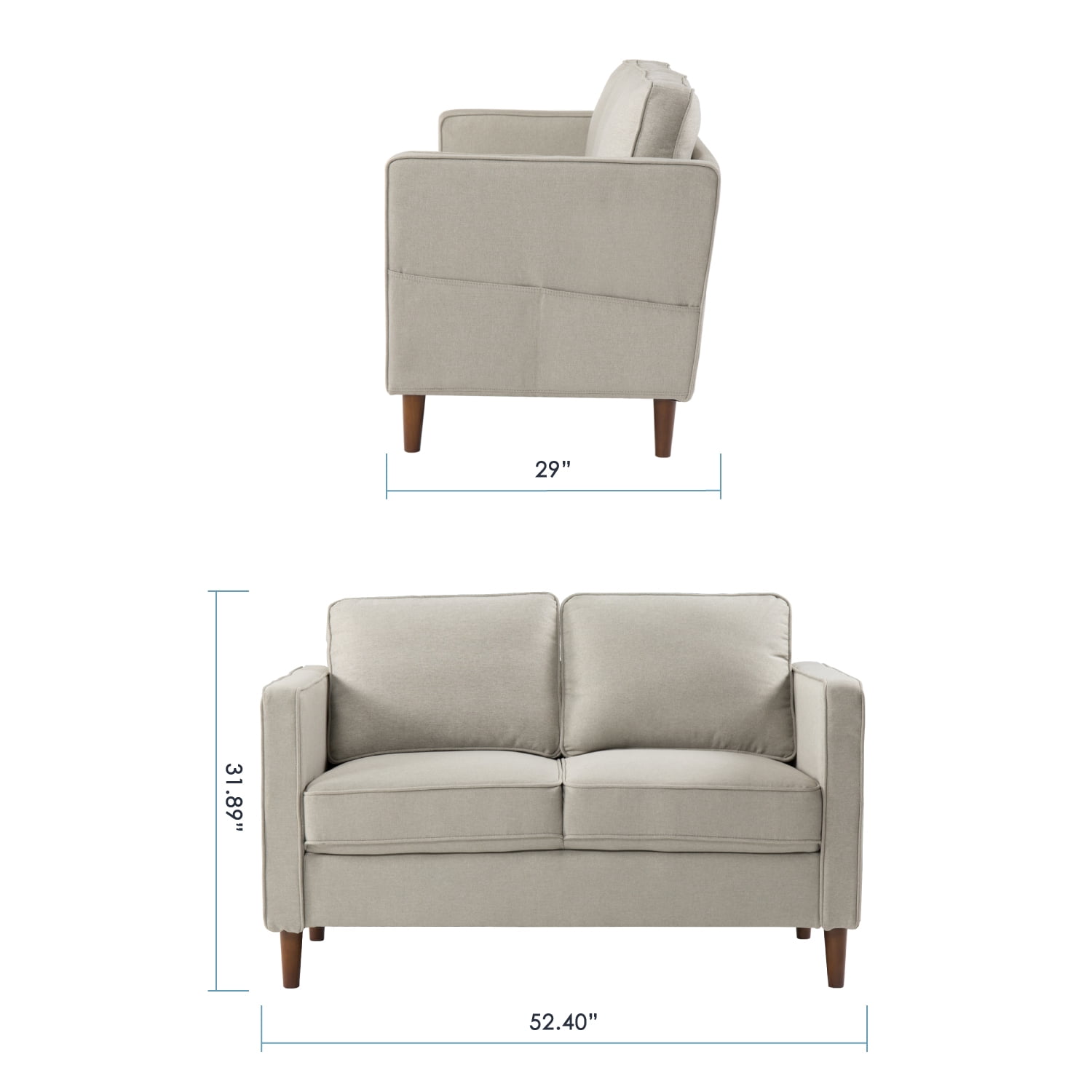 Mellow Hana Modern Fabric Loveseat with Armrest Pockets, Sand Grey Beige