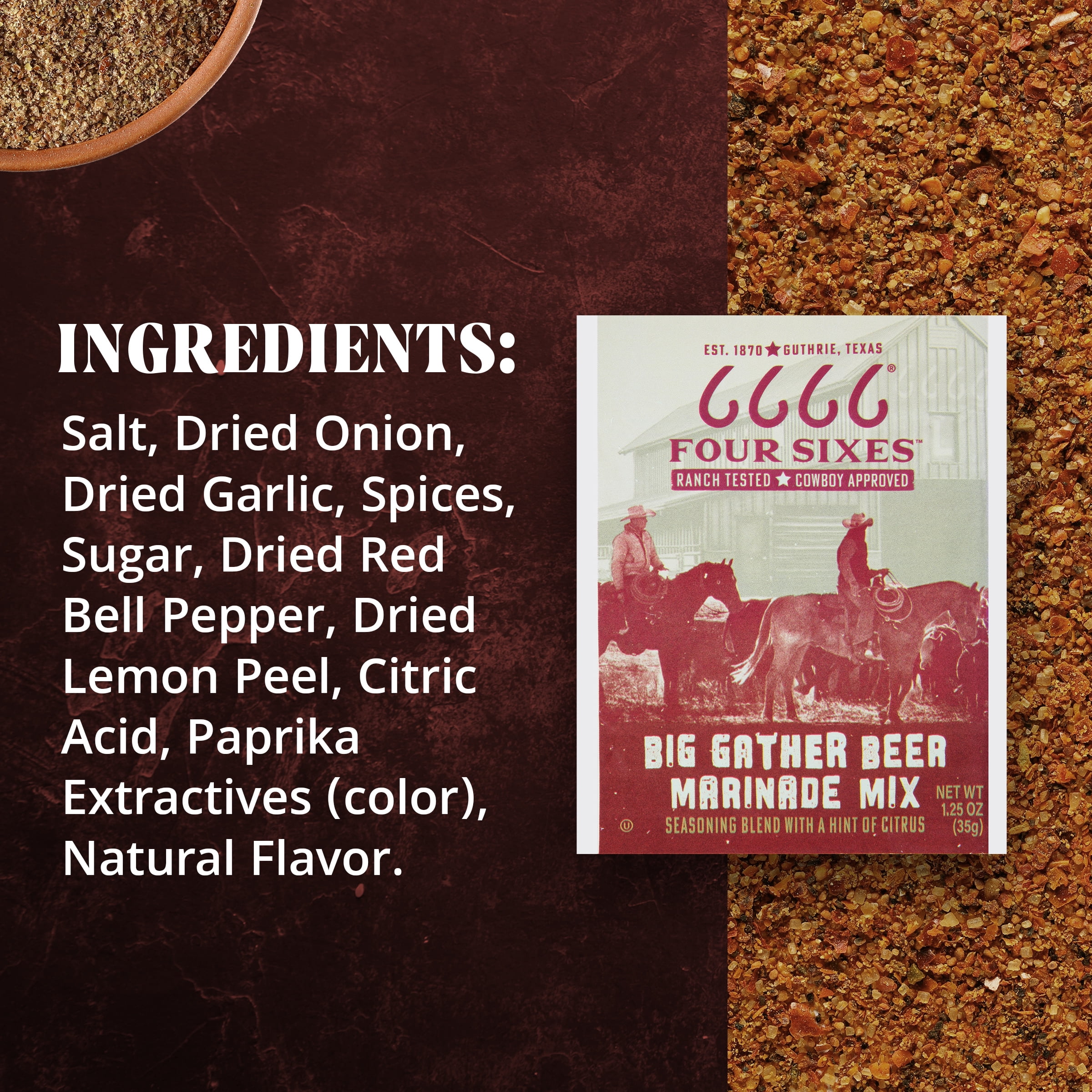 (4 pack) Four Sixes Big Gather Beer Marinade Mix, Meat Marinade, Hint of Citrus, 1.25 oz Packet
