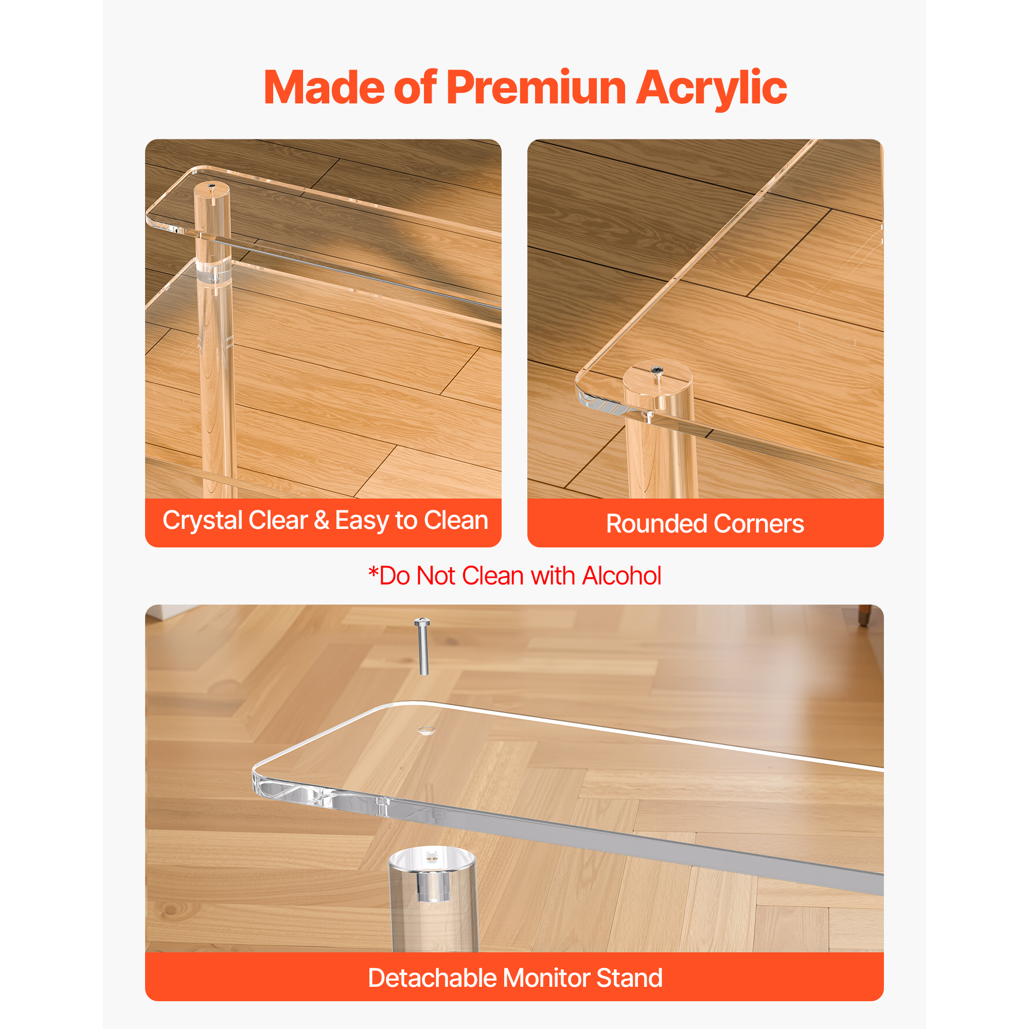 KFFKFF Acrylic Desk, Clear Office Table Featuring Monitor Stand, Sleek Computer Desk for Study, Bedroom, or Office, Modern Side Table or Nightstand, 19.7 x 31.5 x 34.7 in (Transparent)