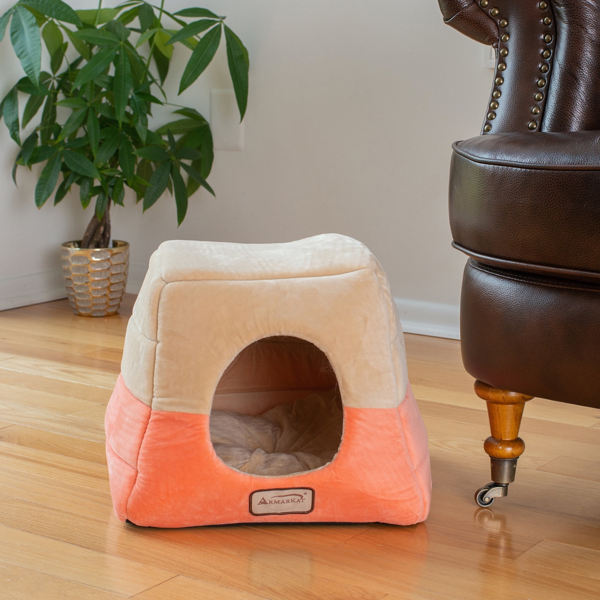 Armarkat 2-In-1 Cat Bed Cave Shape And Cuddle Pet Bed, Orange/Beige