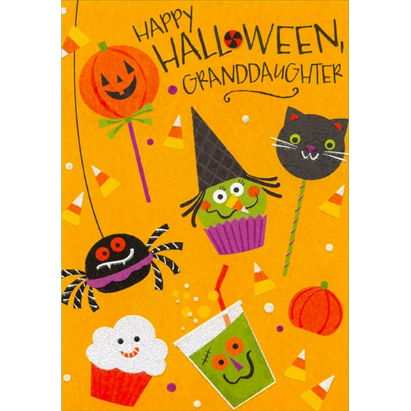 Designer Greetings Pumpkin and Cat Suckers, Witch Cupcake, Candy Corn, Treats Juvenile Halloween Card for Granddaughter