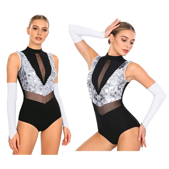 iiniim Women Sparkle Latin Jazz Dance Outfit Sleeveless Gymnastics Leotard with Gloves Sequins Dance Clothes Silver M