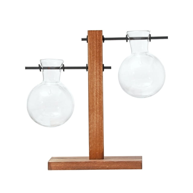 Flowerpots with Dish Ceramic, Hydroponic Wood Frame with Glass Vase Water Glass Vase Simple Retro Vase Rack Flower Pot with Tray Plants Terrarium Clear Vase with Wooden Stand, Flower Pots