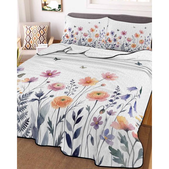 King Quilt Bedding Set, Watercolor Pastoral Flower Leaf Lightweight Coverlet Summer Comforter Set Soft Microfiber Bedspread, Spring Floral Plant Butterfly 3 Piece Quilt Set with 2 Pillow Shams