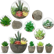 5 Pack Fake Succulent, Artificial Flowers with Cement like Pots for Home Office Decoration, Green