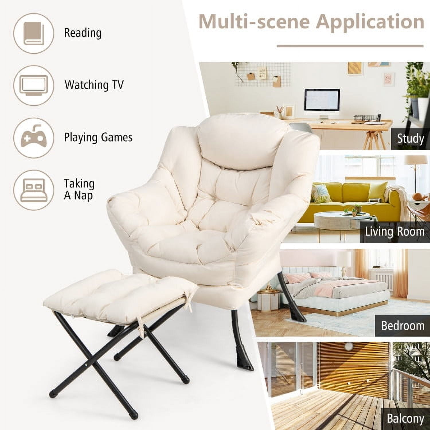 Demi Bonn Accent Sofa Chair, Recliner Chair with Ottoman Footrest, Modern Accent Sofa Chair with Folding Footrest and Side Pocket, for Living Room, Bedroom, Beige