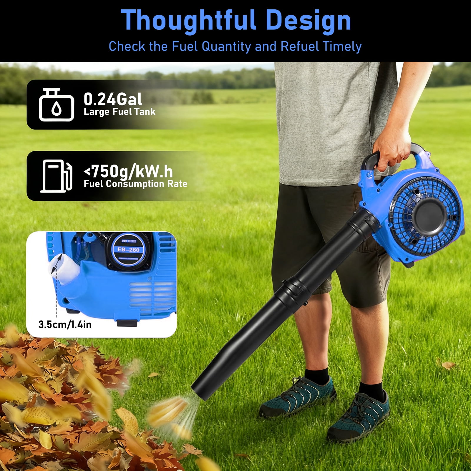 YILIFEIDA Gas Leaf Blower for Yard, 25.4CC 2-Stroke Gas Powered Leaf Blower Commercial Handheld Grass Lawn Garden Dust Blowing Cleaning Tool 7500Rpm, Blue