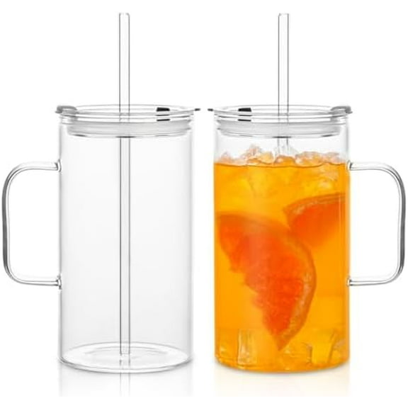 26oz Large Clear Glass Tumbler with Handle and Lid - Set of 2, Glass Cups with Reusable Straws, Sleek and Clear Look - Perfect for Iced Coffee, Tea, Smoothies, and Cocktails