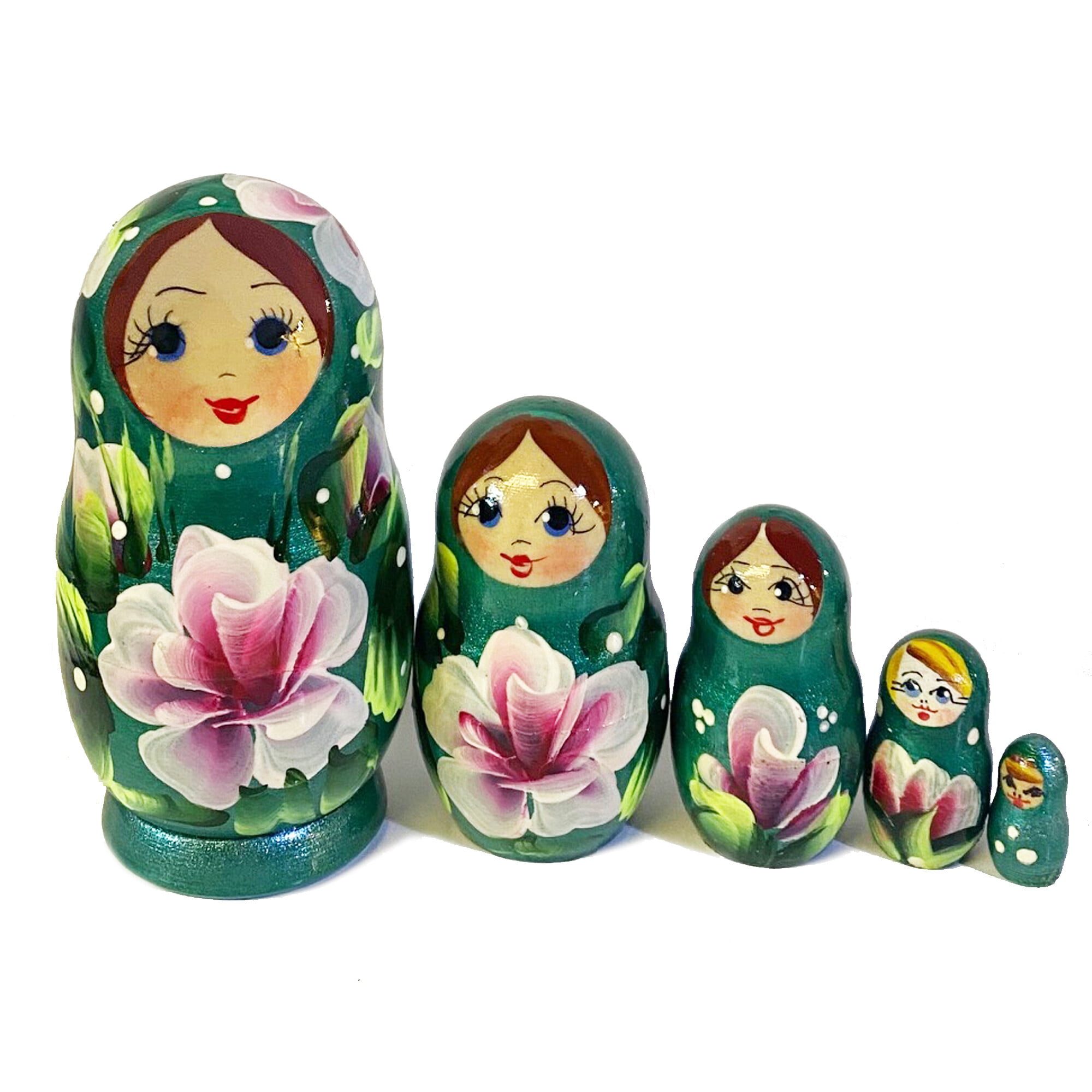 Green Floral Wooden Russian  Matryoshka 5 Nested Doll Hand Painted  4 " 