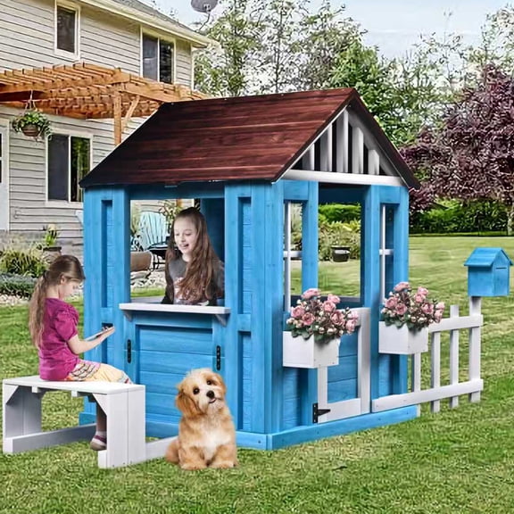 iRerts Kids Playhouse, Wooden Outdoor Playhouse with Picnic Bench, Half Door, Windows, Mailbox, Fence, Flowerpot Holders, Kids Play Equipment Outdoor Toys Pretend Playhouse for Girls Boys Toddlers 3