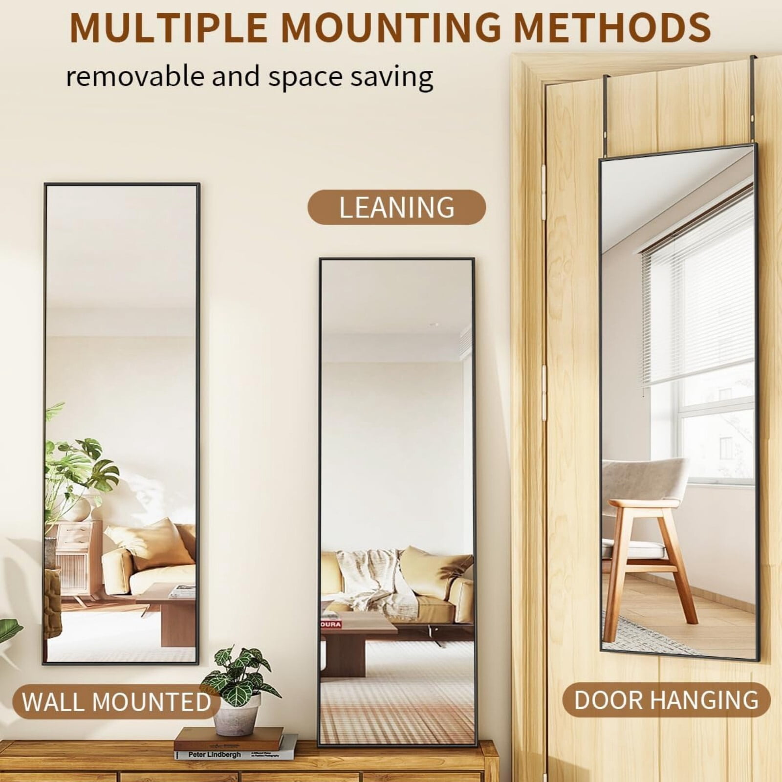 AUROMIR 50"x 16" Full Length Door Mirror Hanging Wall-Mounted Mirror, Black
