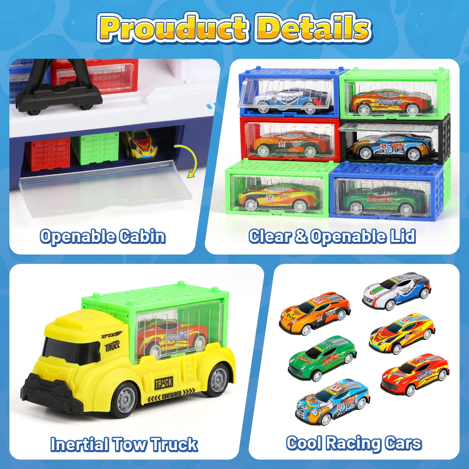 UQN Cargo Ship Toy & Gantry Crane for kids, Toy Boat and Crane Playset with 6 Race Cars and 12 Containers, Transport Cruise Ship, Cargo Boat Toys Birthday Gift for 3 4 5 6 7 8 Year Old Boys Kids