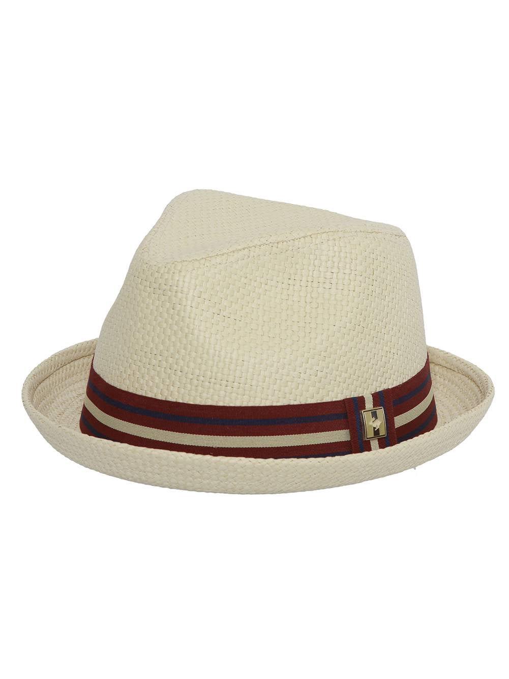 Men's Natural Paper Depp Classic Fedora Hat w/ Striped Brim (L/XL)