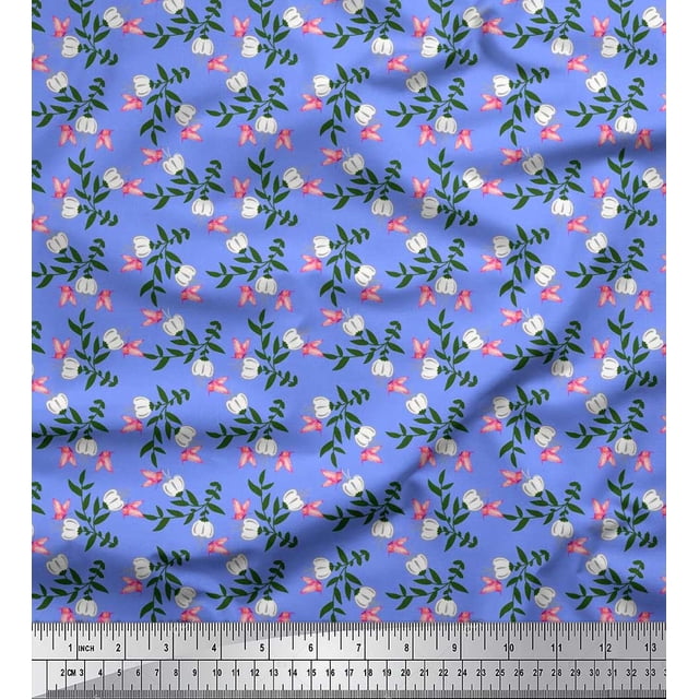 Soimoi Blue Poly Georgette Fabric Leaves,Insect & Floral Artistic Decor Fabric Printed BTY 52 Inch Wide