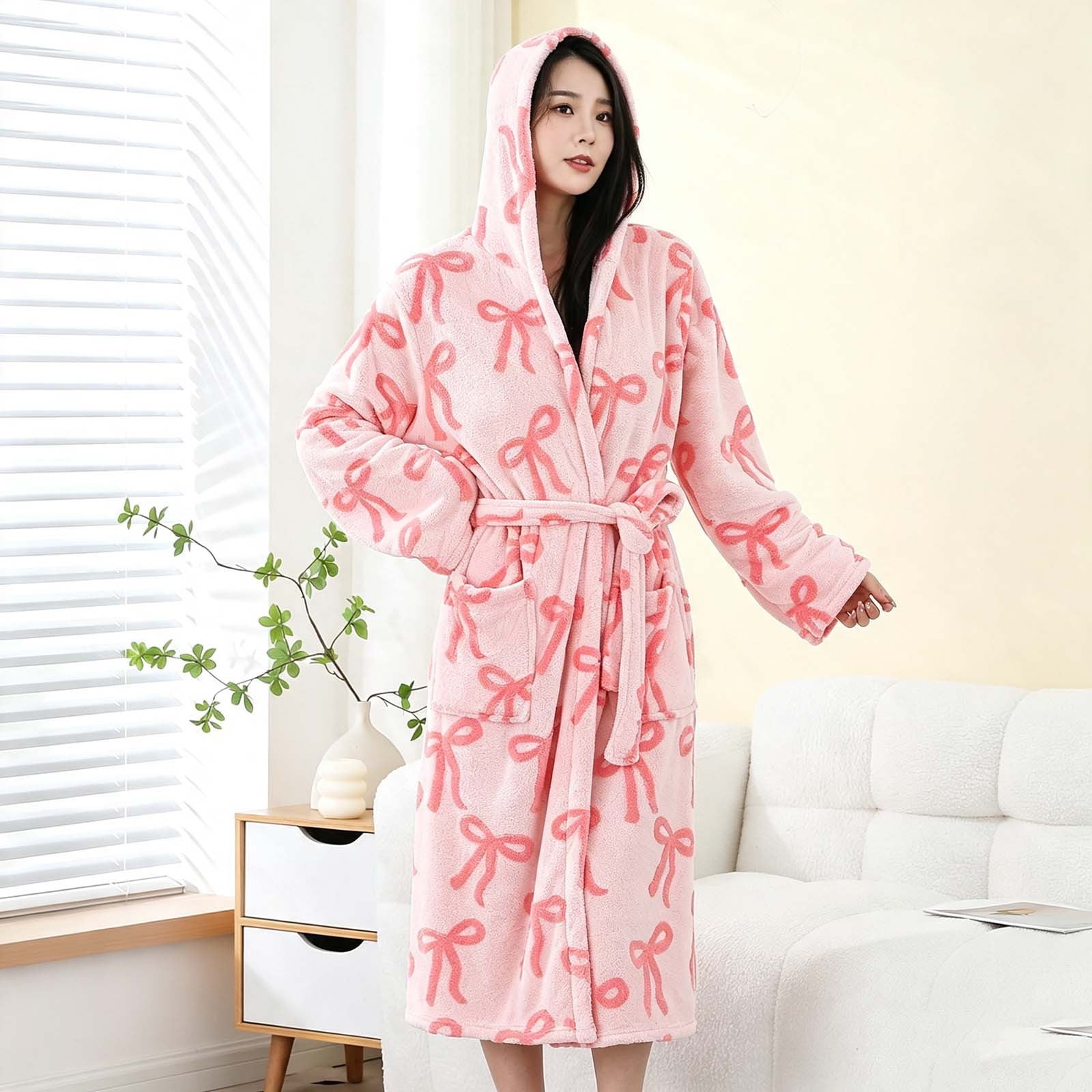 Women's Bow‑Print Fleece Bath Hooded Robe, Long Sleeve Wrap Robe, Tie Front Fastening, Practical Side Pockets, Warm Plush Fabric For At‑Home Relaxation Pink Free Size