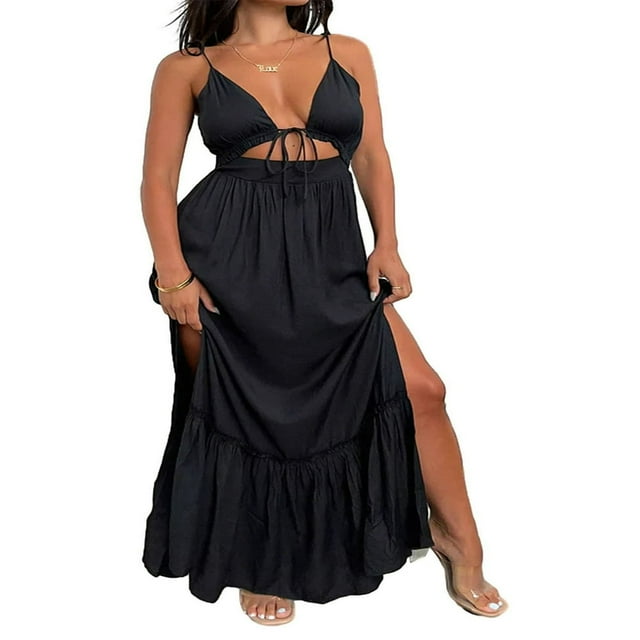 Robe Longue d'Été pour Femmes avec Nœud, Bretelles Spaghetti, Découpe, Robe de Soirée