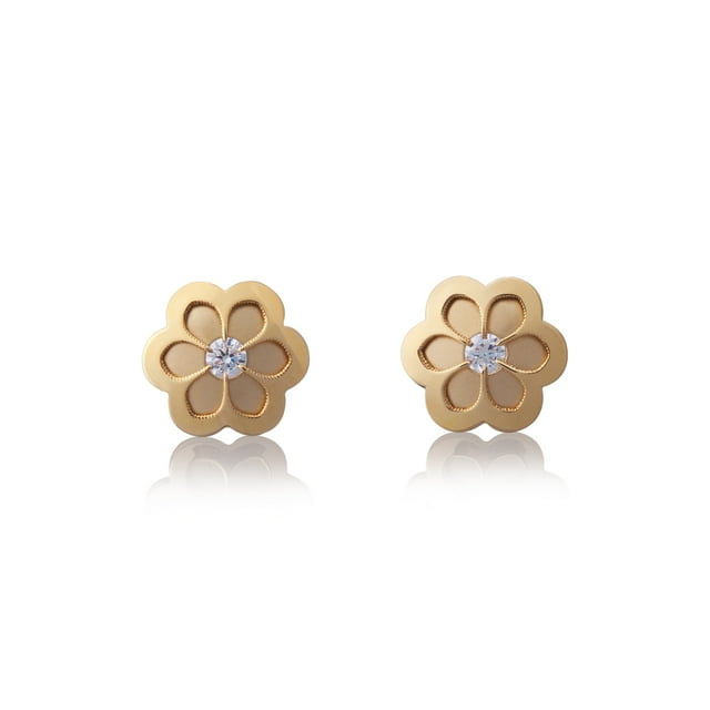 Aretes de oro 14k GIALLO Broquel Flor trompeda dorada con circonia
