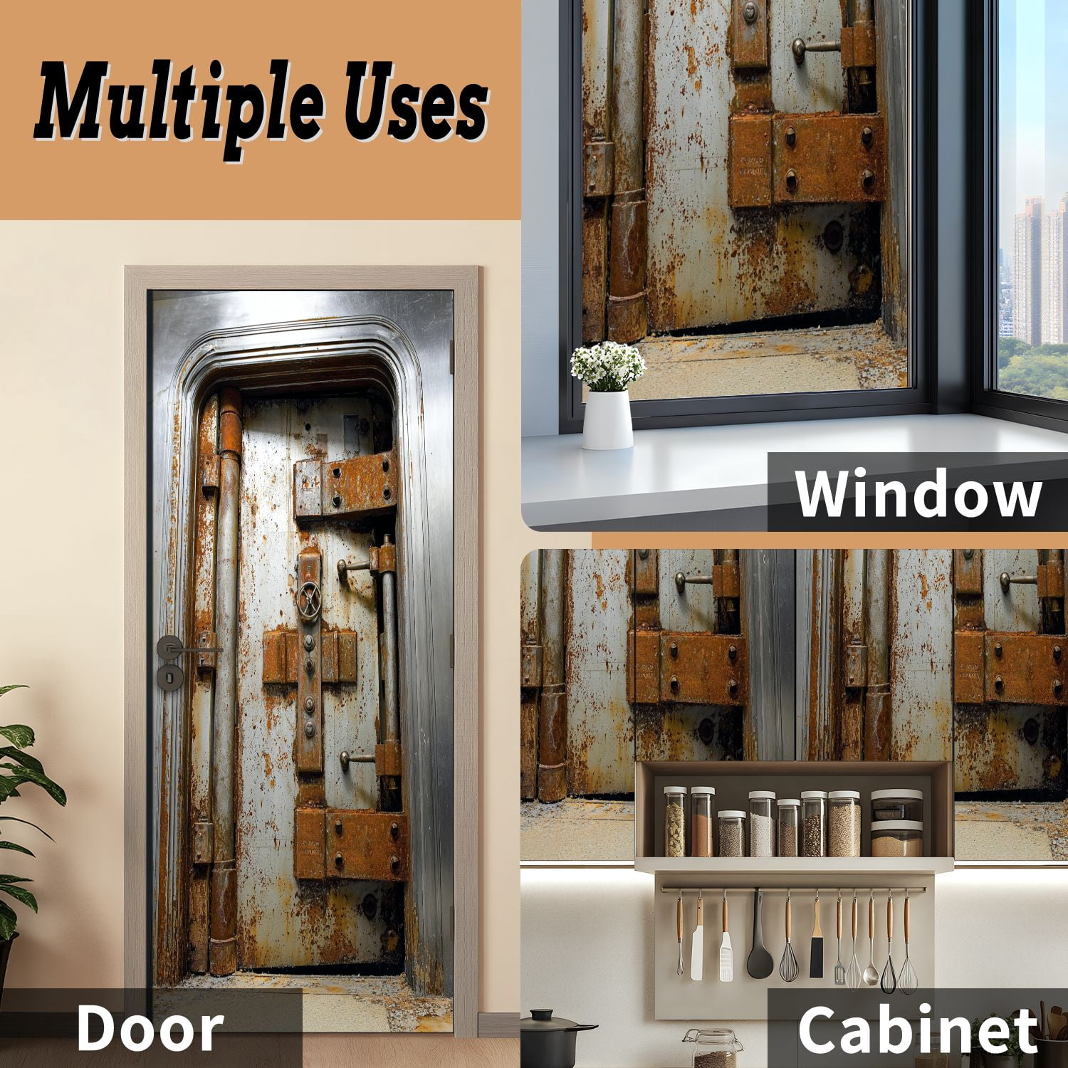 Self Adhesive Vinyl Refrigerator Wrap Set Old vault Door Mural Removable Fridge Sticker Peel and Stick&nbsp;Full Door Cover Decal Kitchen Bar Decor