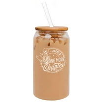 16oz Can Shaped Glass Iced Coffee Cup with Bamboo Lid and Straw Gift Reading Skeleton Just One More Chapter Book Lover