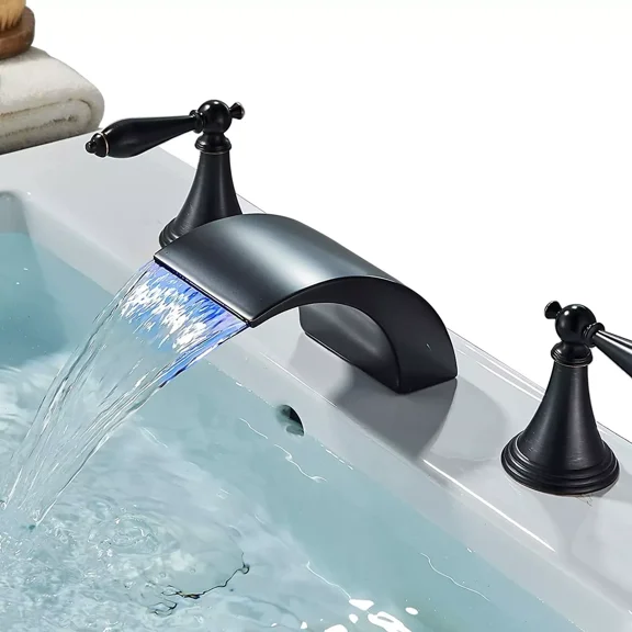Zovajonia Black LED Widespread Waterfall Bathroom Sink Faucet 2 Handle 3-Hole Vanity Basin Mixer