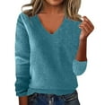 thumbnail image 2 of Sweaters for Women Fall V Neck Long Sleeve Tops Dressy Casual Knit Wool Sweater Cozy Lightweight Pullover Blue M, 2 of 5