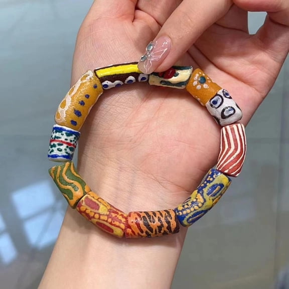 1 Strand Handmade Nepal Vintage Glass Bead Bracelet for Women Colorful Painted Irregular Floral Beads Boho Art Jewelry