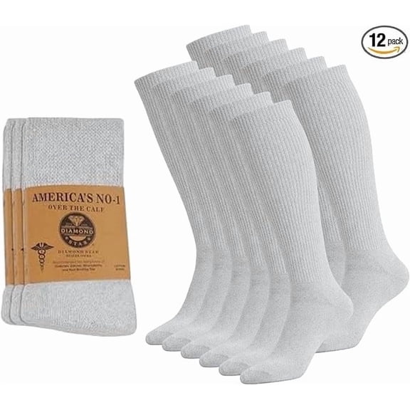 Diamond Star Diabetic Over the Calf, Non-binding Premium Cushion Cotton Knee High Comfortable Socks for Men (Gray - 12 Pairs, Socks Size 13-16)