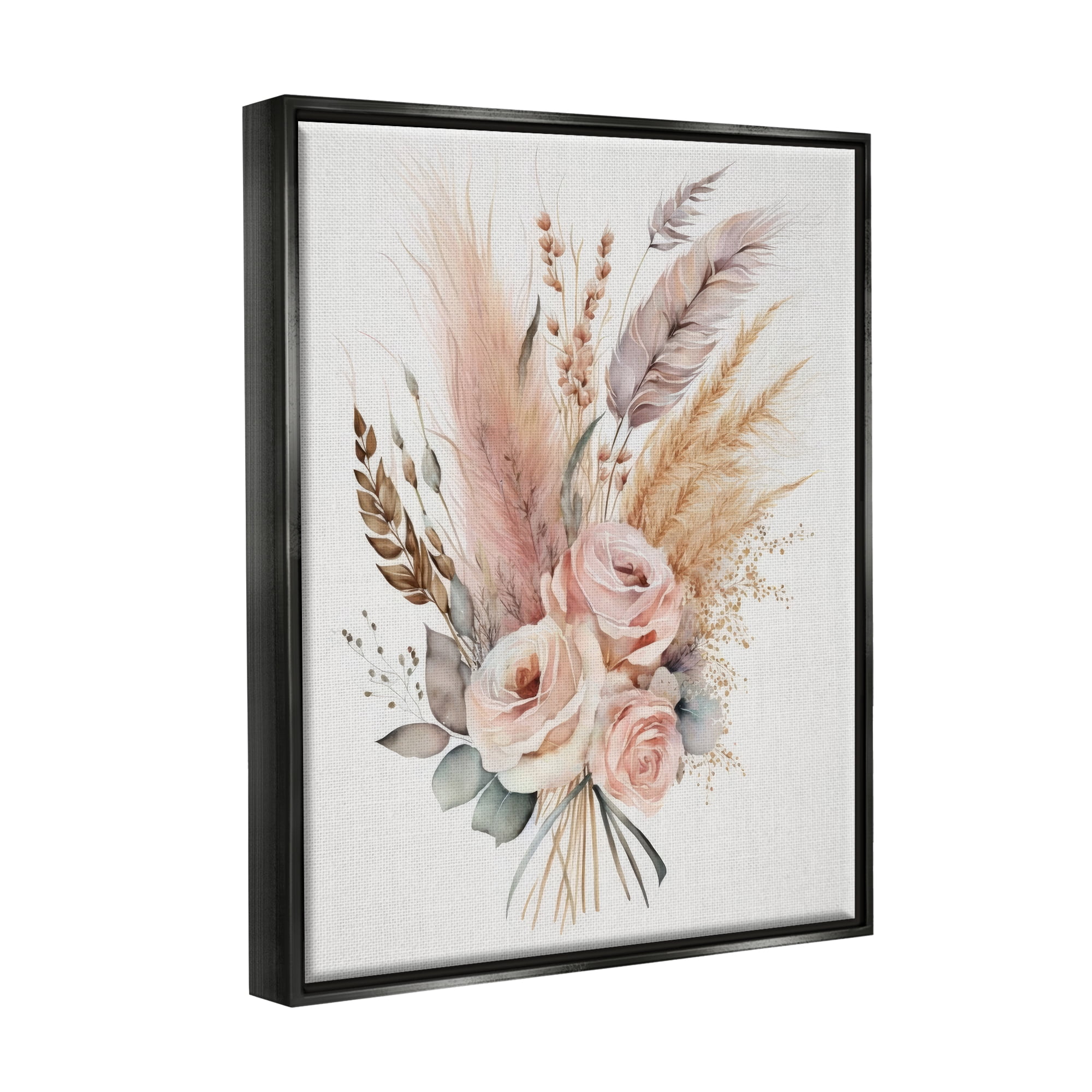 Stupell Industries Boho Feathers & Roses Botanical & Floral Painting Black Floater Framed Canvas Art Print Wall Art, 25 x 31