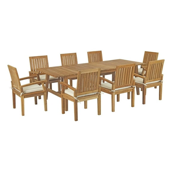 Modway Marina 9 Piece Outdoor Patio Teak Dining Set in Natural White